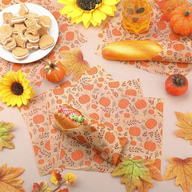Alt view image 7 of 7 - 150 Pcs 150 Pcs Fall Wax Paper Sheet, Pumpkins | Autumn Food Wrap Grease Resistant Liners, Thanksgiving Waterproof Wrapping Tissue, Food Picnic Paper for Kitchen