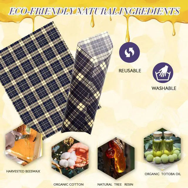 Alt view image 3 of 7 - 3 Pack 2L & 1XL Reusable Beeswax Wraps for Food, Reusable Beeswax Food Wraps for Bread, Cheese, Fruits, Zero Waste, Plastic-Free Storage, Natural Cotton with Plaid, Floral & Bee Patterns