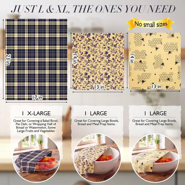 Alt view image 2 of 7 - 3 Pack 2L & 1XL Reusable Beeswax Wraps for Food, Reusable Beeswax Food Wraps for Bread, Cheese, Fruits, Zero Waste, Plastic-Free Storage, Natural Cotton with Plaid, Floral & Bee Patterns