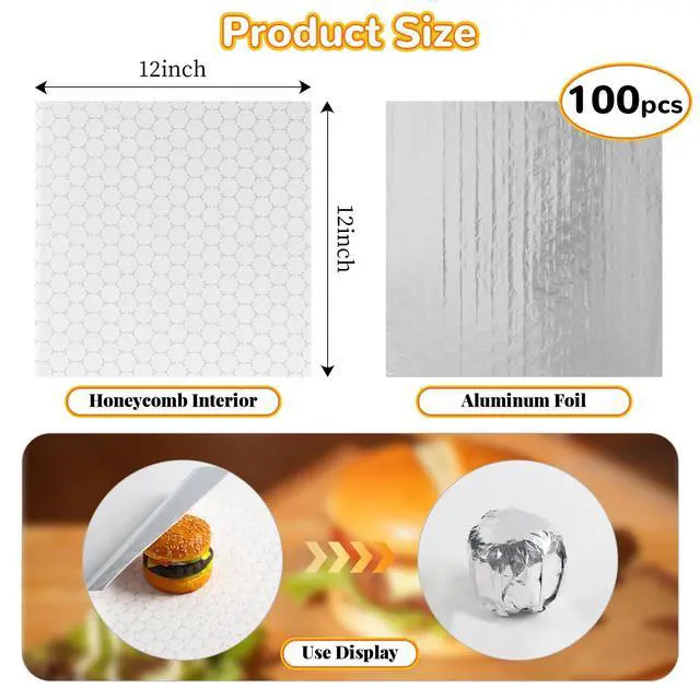 Alt view image 2 of 7 - 100 Pcs Insulated Sandwich Wrap Sheets, 12"x12" Aluminum Foil Sandwich Wrapping Paper, Waterproof Pre-Cut Foil Paper Sheets for Food Hot Dogs Burgers Burritos BBQ