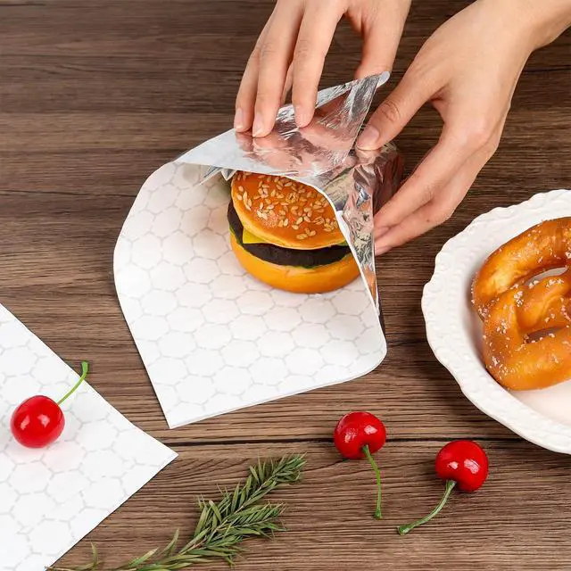 Alt view image 3 of 7 - 100 Pcs Insulated Sandwich Wrap Sheets, 12"x12" Aluminum Foil Sandwich Wrapping Paper, Waterproof Pre-Cut Foil Paper Sheets for Food Hot Dogs Burgers Burritos BBQ