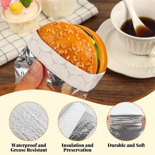 Alt view image 5 of 7 - 100 Pcs Insulated Sandwich Wrap Sheets, 12"x12" Aluminum Foil Sandwich Wrapping Paper, Waterproof Pre-Cut Foil Paper Sheets for Food Hot Dogs Burgers Burritos BBQ