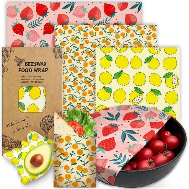 Main image of Beeswax Wrap - 3 Pack, Beeswax Wraps For Food, Organic, Sustainable, Biodegradable, Zero Waste, Reusable Beeswax Food Wrap, 1L Strawberry, 1M Orange, 1S Lemon Patterns