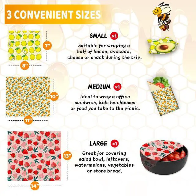 Alt view image 3 of 7 - Beeswax Wrap - 3 Pack, Beeswax Wraps For Food, Organic, Sustainable, Biodegradable, Zero Waste, Reusable Beeswax Food Wrap, 1L Strawberry, 1M Orange, 1S Lemon Patterns