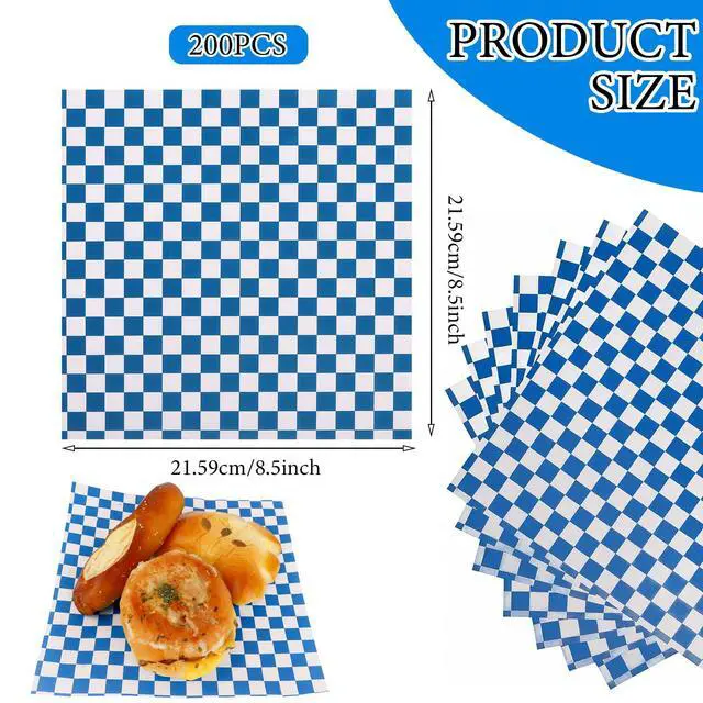 Alt view image 2 of 7 - 200 Pcs Wax Paper Sheets for Food Deli Wrap Paper Sheets 8.5x8.5"Food Basket Liners Checkered Square Sandwich Wraps for Burgers Bread Restaurant Barbecue Picnic(Blue)