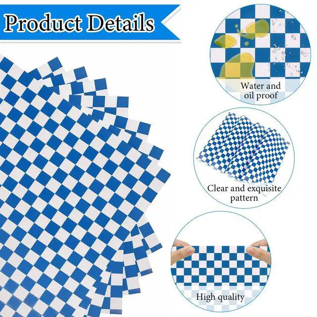 Alt view image 4 of 7 - 200 Pcs Wax Paper Sheets for Food Deli Wrap Paper Sheets 8.5x8.5"Food Basket Liners Checkered Square Sandwich Wraps for Burgers Bread Restaurant Barbecue Picnic(Blue)