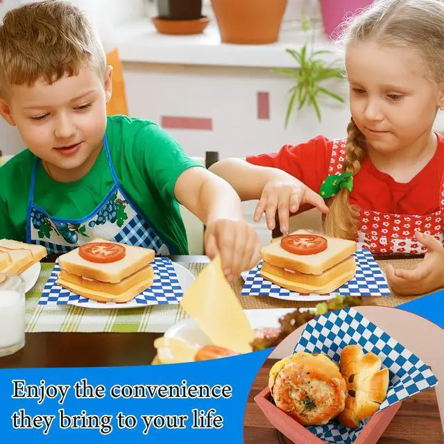 Alt view image 7 of 7 - 200 Pcs Wax Paper Sheets for Food Deli Wrap Paper Sheets 8.5x8.5"Food Basket Liners Checkered Square Sandwich Wraps for Burgers Bread Restaurant Barbecue Picnic(Blue)