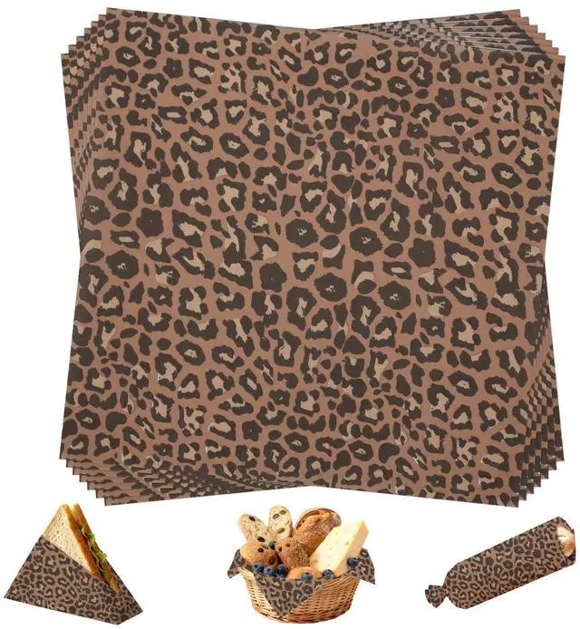 Main image of 100 Pcs Leopard Print Waxed Deli Paper Sheets 10 x 10 Inch Cheetah Printed Deli Sandwich Wrapping Wax Paper Sheets for Food Cookies Jungle Safari Party Greaseproof Food Basket Liners