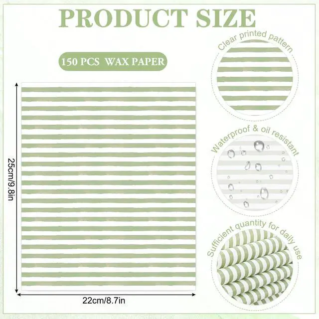 Alt view image 2 of 7 - 150 Sheets Sage Green Wax Paper Striped Deli Paper Pastel Stripe Sandwich Wrapping Tissue Basket Liner for Food Baking Kitchen Party Supplies