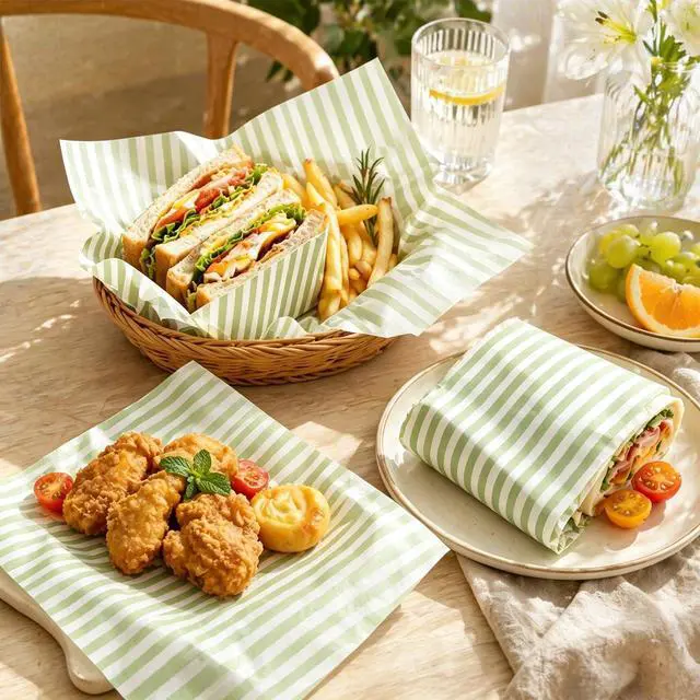 Alt view image 7 of 7 - 150 Sheets Sage Green Wax Paper Striped Deli Paper Pastel Stripe Sandwich Wrapping Tissue Basket Liner for Food Baking Kitchen Party Supplies