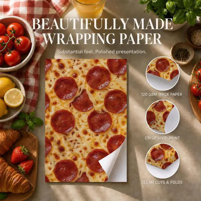 Alt view image 2 of 7 - Funny Pizza Food Wrapping Paper Sheets, 19.5 x 27.5 in, 2 Sheets | 120gsm folded pizza-print sheets for gag gifts, birthdays,cool italian wrapping paper for adult,playful gift wrapping.