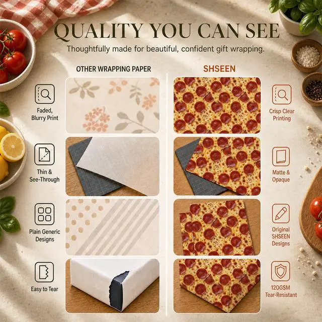 Alt view image 6 of 7 - Funny Pizza Food Wrapping Paper Sheets, 19.5 x 27.5 in, 2 Sheets | 120gsm folded pizza-print sheets for gag gifts, birthdays,cool italian wrapping paper for adult,playful gift wrapping.