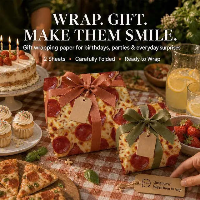 Alt view image 7 of 7 - Funny Pizza Food Wrapping Paper Sheets, 19.5 x 27.5 in, 2 Sheets | 120gsm folded pizza-print sheets for gag gifts, birthdays,cool italian wrapping paper for adult,playful gift wrapping.