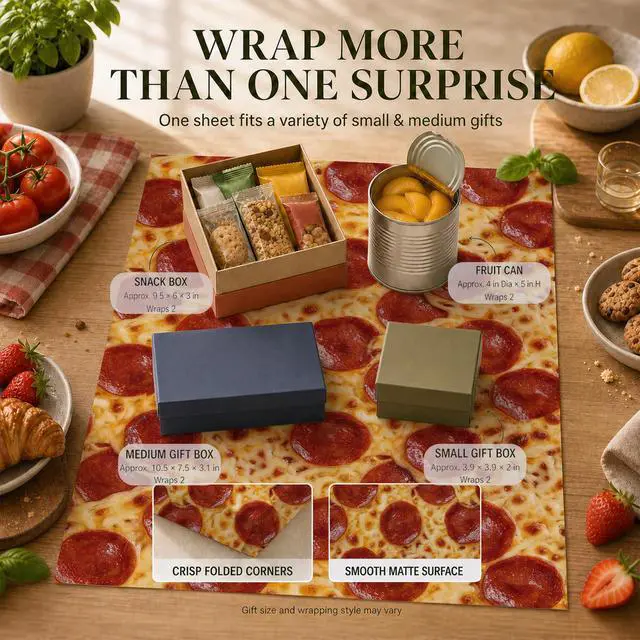 Alt view image 5 of 7 - Funny Pizza Food Wrapping Paper Sheets, 19.5 x 27.5 in, 2 Sheets | 120gsm folded pizza-print sheets for gag gifts, birthdays,cool italian wrapping paper for adult,playful gift wrapping.