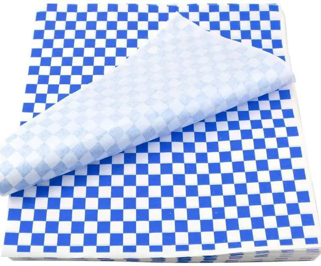 Main image of 200 Sheets Blue and White Checkered Dry Waxed Deli Paper Sheets, Paper Liners for Plasic Food Basket, Special for Wrapping Bread and Sandwiches(11.5''x11.5'')