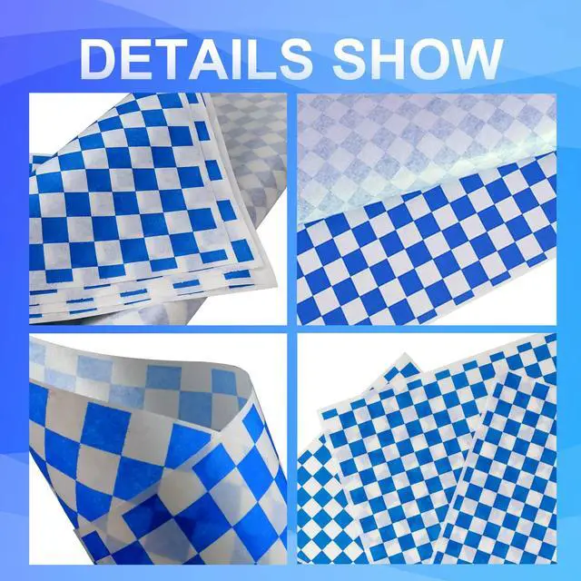 Alt view image 3 of 6 - 200 Sheets Blue and White Checkered Dry Waxed Deli Paper Sheets, Paper Liners for Plasic Food Basket, Special for Wrapping Bread and Sandwiches(11.5''x11.5'')