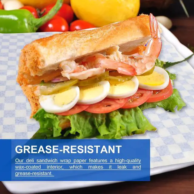 Alt view image 6 of 6 - 200 Sheets Blue and White Checkered Dry Waxed Deli Paper Sheets, Paper Liners for Plasic Food Basket, Special for Wrapping Bread and Sandwiches(11.5''x11.5'')