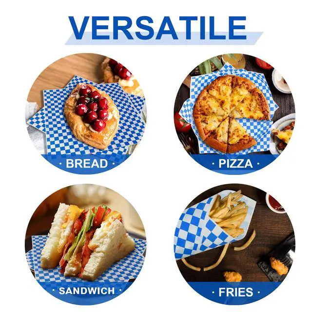 Alt view image 5 of 6 - 200 Sheets Blue and White Checkered Dry Waxed Deli Paper Sheets, Paper Liners for Plasic Food Basket, Special for Wrapping Bread and Sandwiches(11.5''x11.5'')