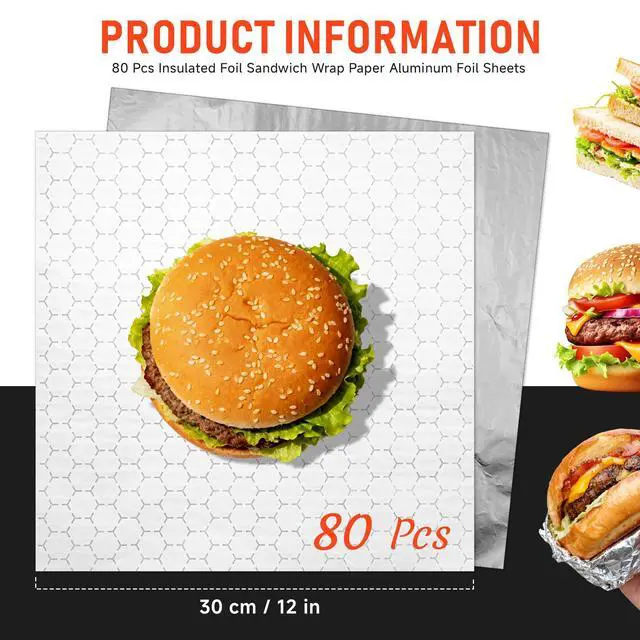 Alt view image 2 of 7 - 80 Pcs Insulated Foil Sandwich Wrap Paper Aluminum Foil Sheets,12"x12"Food Wrapping Paper for Hamburger Hot Dogs, Burgers, Burritos