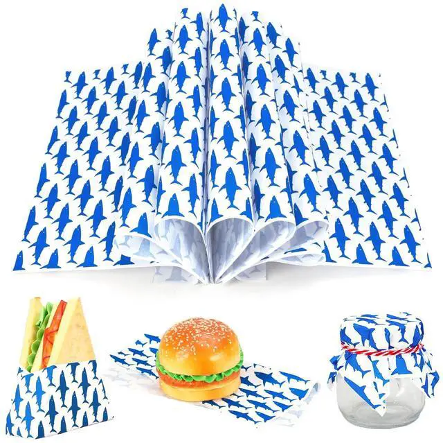 Main image of 150 Sheet Summer Wax Paper Shark Deli Paper Blue Ocean Fish Food Wrapping Tissue Basket Liner for Birthday Wedding Baby Shower Home Kitchen Restaurant Baking