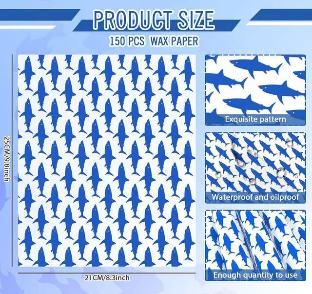 Alt view image 2 of 7 - 150 Sheet Summer Wax Paper Shark Deli Paper Blue Ocean Fish Food Wrapping Tissue Basket Liner for Birthday Wedding Baby Shower Home Kitchen Restaurant Baking