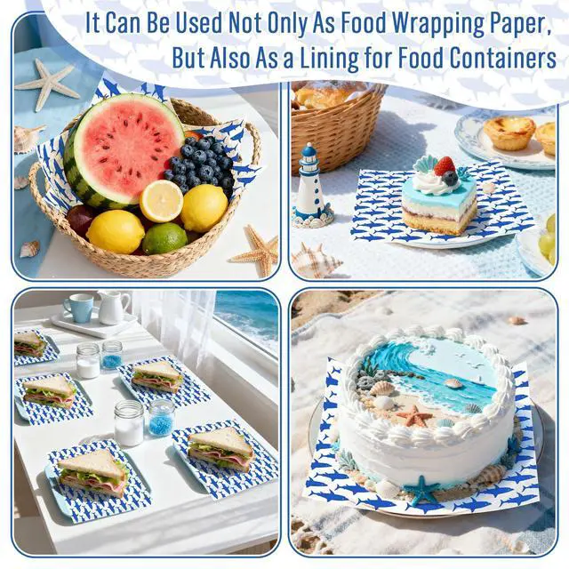 Alt view image 7 of 7 - 150 Sheet Summer Wax Paper Shark Deli Paper Blue Ocean Fish Food Wrapping Tissue Basket Liner for Birthday Wedding Baby Shower Home Kitchen Restaurant Baking