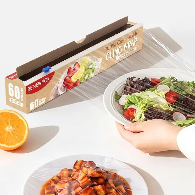 Main image of 100% Compostable Plastic Wrap Dispenser With Slide Cutter 13.8 inch Food Service Cling Film Wrap Roll -ECO friendly Food Wrap(The Slide Cutter stored in The Inner core of The roll) (35CM×60M)