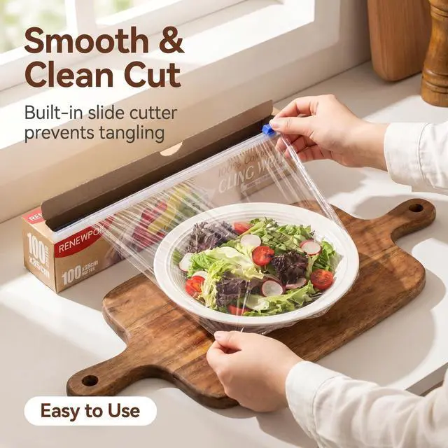Alt view image 2 of 6 - 100% Compostable Plastic Wrap Dispenser With Slide Cutter 13.8 inch Food Service Cling Film Wrap Roll -ECO friendly Food Wrap(The Slide Cutter stored in The Inner core of The roll) (35CM×60M)