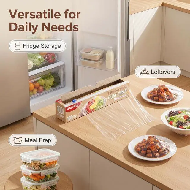Alt view image 3 of 6 - 100% Compostable Plastic Wrap Dispenser With Slide Cutter 13.8 inch Food Service Cling Film Wrap Roll -ECO friendly Food Wrap(The Slide Cutter stored in The Inner core of The roll) (35CM×60M)