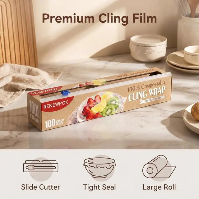 Alt view image 5 of 6 - 100% Compostable Plastic Wrap Dispenser With Slide Cutter 13.8 inch Food Service Cling Film Wrap Roll -ECO friendly Food Wrap(The Slide Cutter stored in The Inner core of The roll) (35CM×60M)
