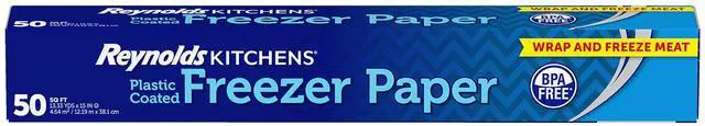 Main image of Reynolds Kitchens Plastic-Coated Freezer Paper, Built-In Cutter, 50sq ft | Prevents Freezer Burn, Food and Meat Wrap Paper, Easy to Label, BPA Free, Seals In Freshness, 15 in x 13.33 yds