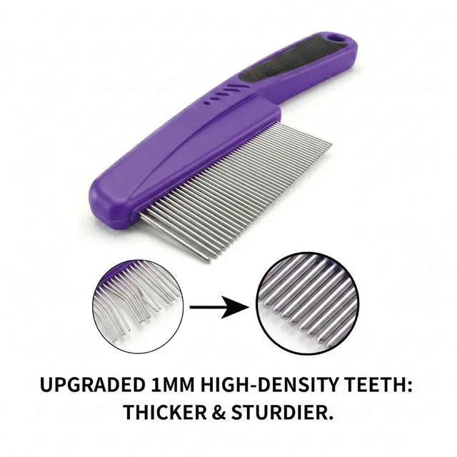 Alt view image 2 of 6 - Fine Tooth Stainless Steel Flea Comb for Dogs & Cats | 1.0mm Precision Teeth, Fine Coat Grooming, Removes Flea Debris, Gentle on Skin, Purple