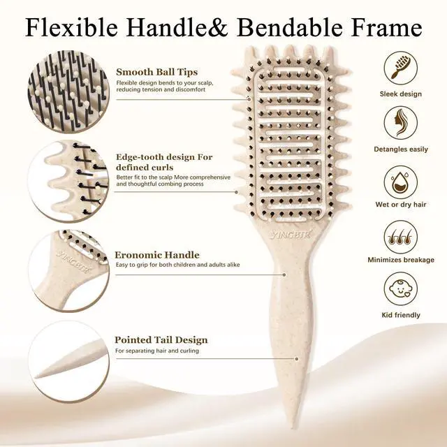 Alt view image 2 of 7 - Curl Defining Brush for Curly Hair, Vented Detangling Hair Brush for Wet and Dry Styling, Curved Brush for Shaping and Smoothing Curl Clumps, Lightweight Hair Brush Beige