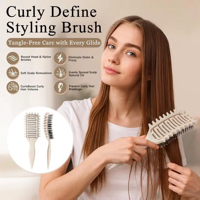 Alt view image 4 of 7 - Curl Defining Brush for Curly Hair, Vented Detangling Hair Brush for Wet and Dry Styling, Curved Brush for Shaping and Smoothing Curl Clumps, Lightweight Hair Brush Beige
