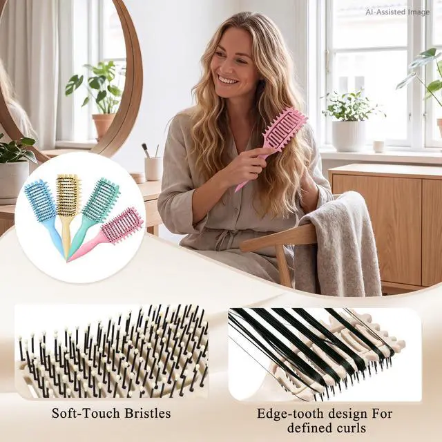 Alt view image 5 of 7 - Curl Defining Brush for Curly Hair, Vented Detangling Hair Brush for Wet and Dry Styling, Curved Brush for Shaping and Smoothing Curl Clumps, Lightweight Hair Brush Beige