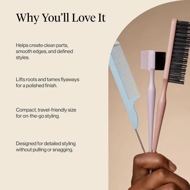 Alt view image 5 of 7 - Slick Back Hair Brush Slick Back Brush for Styling | Hair Styling Combs Kit with Pintail Comb, Edge Brush & Teasing Tool, Comb Set for Precision Parts, and Smooth Edges