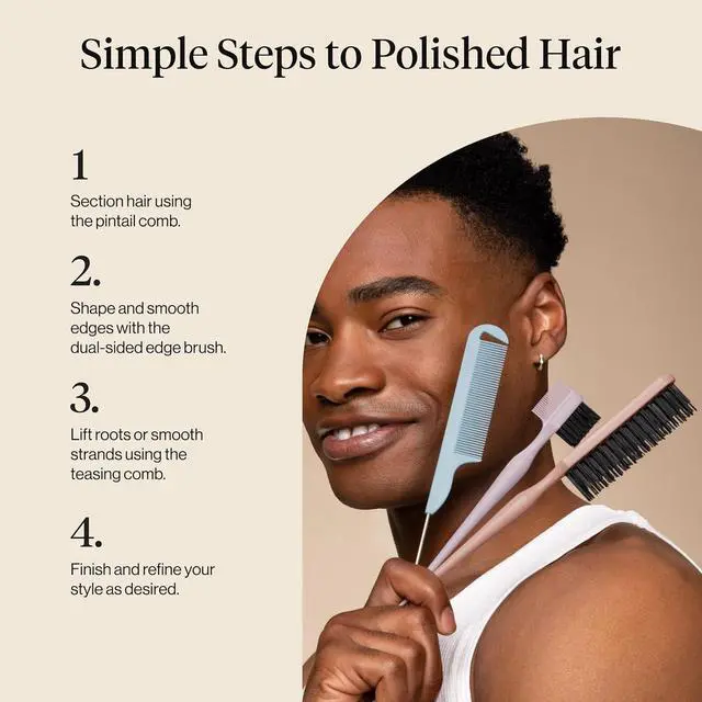 Alt view image 7 of 7 - Slick Back Hair Brush Slick Back Brush for Styling | Hair Styling Combs Kit with Pintail Comb, Edge Brush & Teasing Tool, Comb Set for Precision Parts, and Smooth Edges