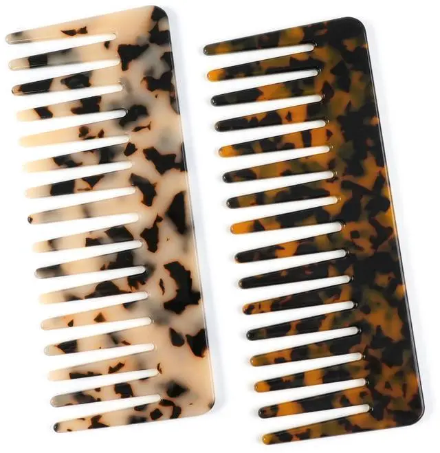 Main image of Hair Detangling Comb, 2 Pack Large Cellulose Acetate Wide Tooth Comb | For women's thick curly wavy hair, suitable for wet and dry use, available in Tortoise Shell and Ivory.
