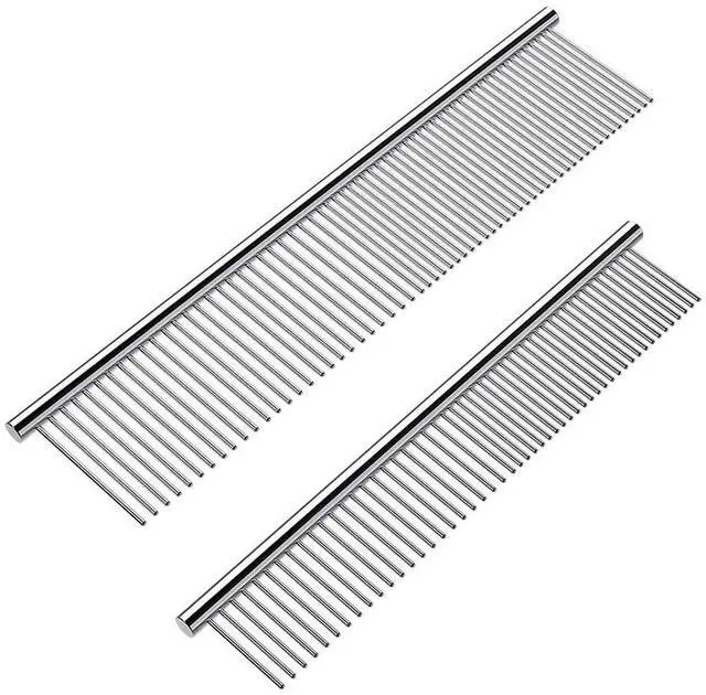 Main image of 2 Pack Dog Combs with Rounded Ends Stainless Steel Teeth, Cat Comb for Removing Tangles and Knots, Professional Grooming Tool for Long and Short Haired Dog, Cat and other pets, 6.3IN/7.4IN