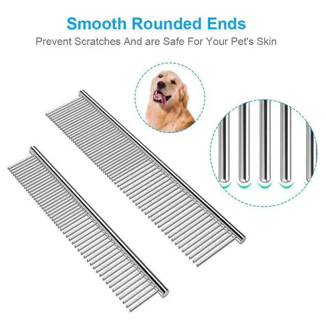 Alt view image 2 of 6 - 2 Pack Dog Combs with Rounded Ends Stainless Steel Teeth, Cat Comb for Removing Tangles and Knots, Professional Grooming Tool for Long and Short Haired Dog, Cat and other pets, 6.3IN/7.4IN