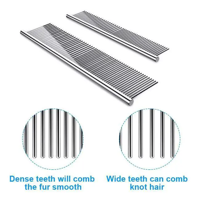 Alt view image 3 of 6 - 2 Pack Dog Combs with Rounded Ends Stainless Steel Teeth, Cat Comb for Removing Tangles and Knots, Professional Grooming Tool for Long and Short Haired Dog, Cat and other pets, 6.3IN/7.4IN