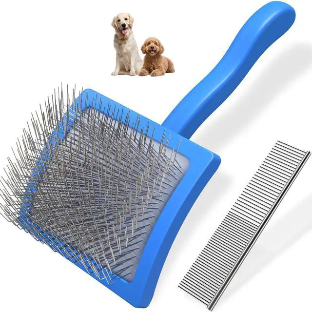 Main image of 2PCS Slicker Brush for Dogs & Pet Comb,Professional Dog Grooming Brush (Goldendoodles,Poodles,Labradoodles) with Extra Long Pins to Effectively Remove Tangles, Knots and Mats (Blue, Large)