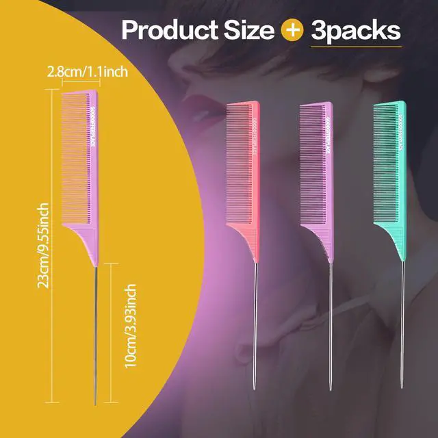 Alt view image 2 of 7 - 3 PCS Rat Tail Combs with Metal Pick for Braiding,Parting | Parting Rattail Teasing Comb,for Women Girls Curly Hair Detangling,Fine Tooth Comb for Salon Styling Tool(Pink Purple Green)