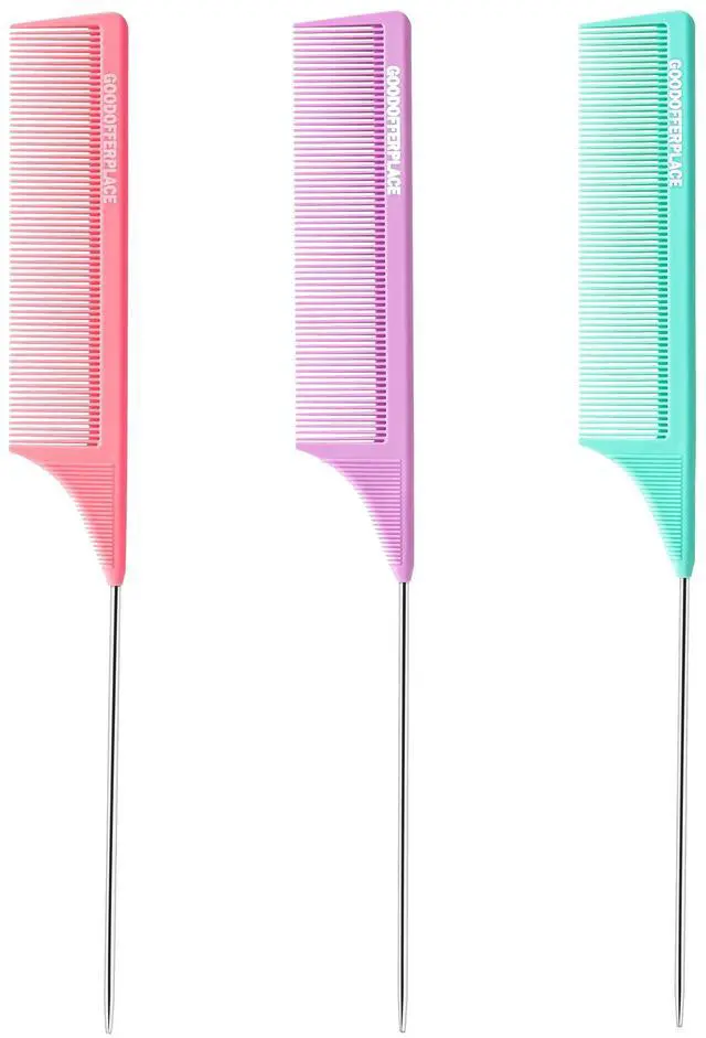 Main image of 3 PCS Rat Tail Combs with Metal Pick for Braiding,Parting | Parting Rattail Teasing Comb,for Women Girls Curly Hair Detangling,Fine Tooth Comb for Salon Styling Tool(Pink Purple Green)