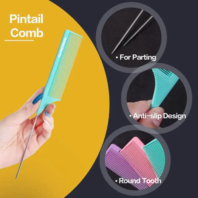Alt view image 3 of 7 - 3 PCS Rat Tail Combs with Metal Pick for Braiding,Parting | Parting Rattail Teasing Comb,for Women Girls Curly Hair Detangling,Fine Tooth Comb for Salon Styling Tool(Pink Purple Green)