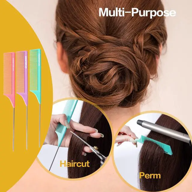 Alt view image 5 of 7 - 3 PCS Rat Tail Combs with Metal Pick for Braiding,Parting | Parting Rattail Teasing Comb,for Women Girls Curly Hair Detangling,Fine Tooth Comb for Salon Styling Tool(Pink Purple Green)