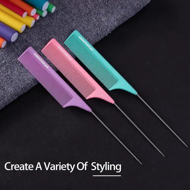 Alt view image 7 of 7 - 3 PCS Rat Tail Combs with Metal Pick for Braiding,Parting | Parting Rattail Teasing Comb,for Women Girls Curly Hair Detangling,Fine Tooth Comb for Salon Styling Tool(Pink Purple Green)