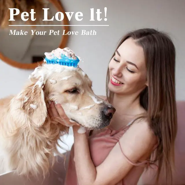 Alt view image 2 of 6 - 2PCS Dog Bath Brush Set | Adjustable Handle Dog Scrubber for Shampooing, Deshedding & Massaging, Suitable for Pets | Curry Comb & Shampo Brush for Dogs Cats and Horses (Green Blue)