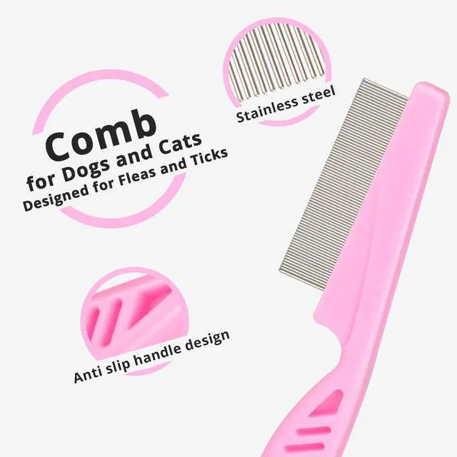 Alt view image 3 of 7 - Flea Comb for Dogs and Cats - Lice Comb with Rubber Handle - Promotes Hair Growth and Removes Loose Hair, Knots, and Flakes Flea Brush for Pets(3P,PINK)