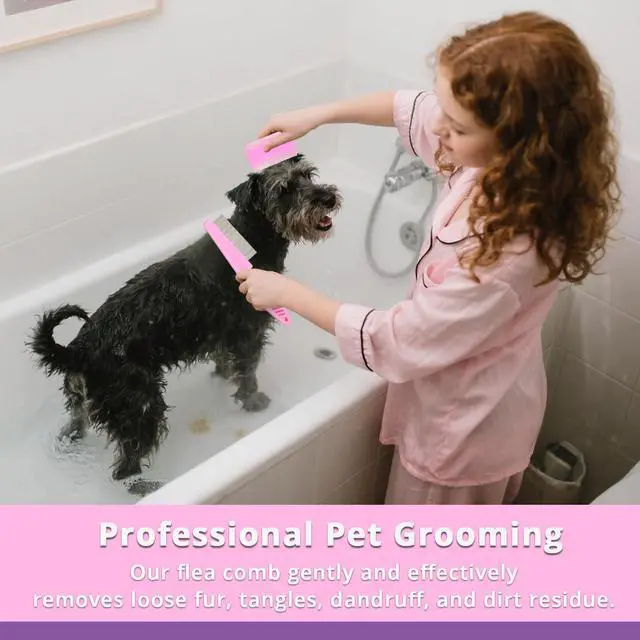 Alt view image 7 of 7 - Flea Comb for Dogs and Cats - Lice Comb with Rubber Handle - Promotes Hair Growth and Removes Loose Hair, Knots, and Flakes Flea Brush for Pets(3P,PINK)